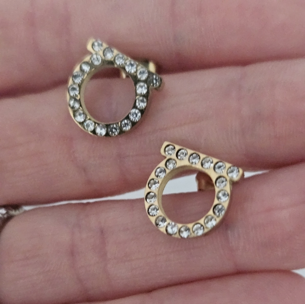NEW Gancini-Style Gold-Tone Stainless Steel Crystalled Stud Earrings - Picture 3 of 6